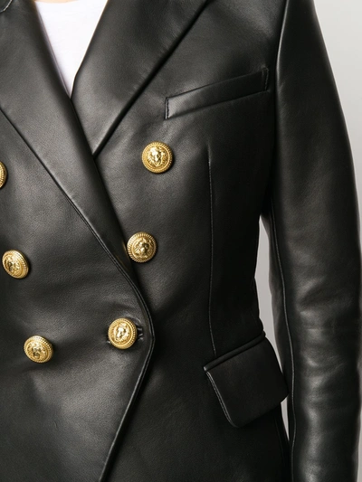Shop Balmain Double-breasted Leather Blazer In Black
