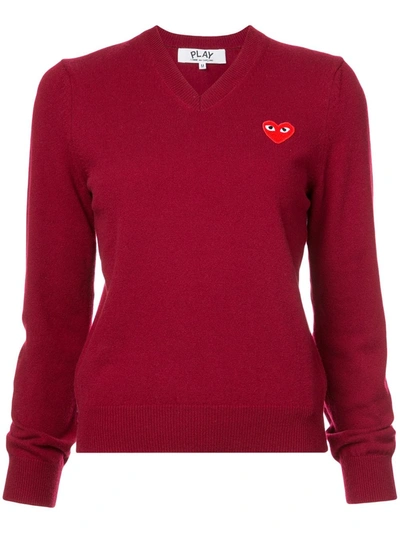 Shop Comme Des Garçons Play V-neck Heart Embroidered Sweater In Red