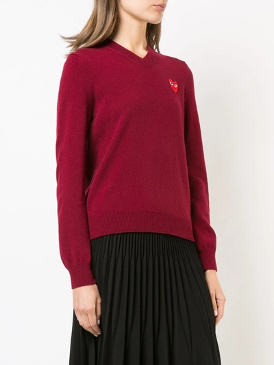 Shop Comme Des Garçons Play V-neck Heart Embroidered Sweater In Red