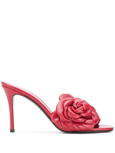 Shop Valentino Floral Appliqué Leather Mules In Red