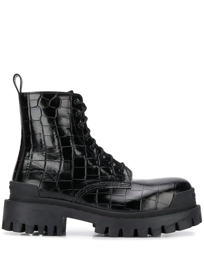 Shop Balenciaga Strike L20 Crocodile Effect Boots In Black