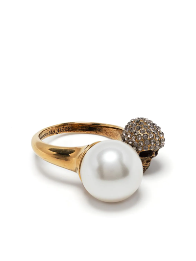 Shop Alexander Mcqueen Pearl-embellished Skull Ring In Metallisch