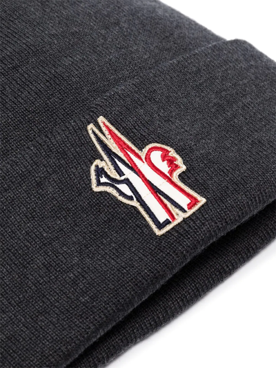 Shop Moncler Logo Patch Knitted Beanie In Grau