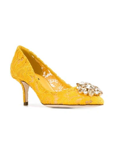 Shop Dolce & Gabbana Rainbow Lace 60mm Brooch-detail Pumps In Yellow