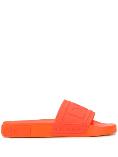 Shop Dolce & Gabbana Logo Strap Slides In Orange