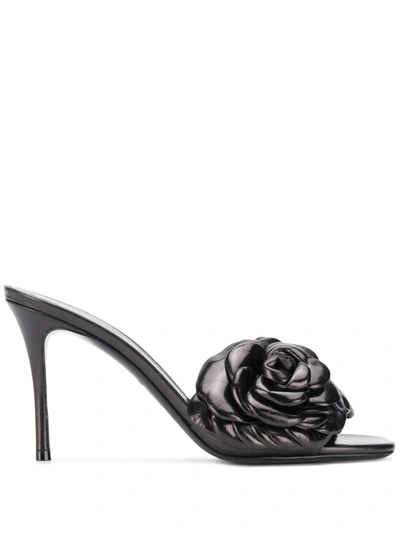 Shop Valentino Floral Appliqué Leather Mules In Black