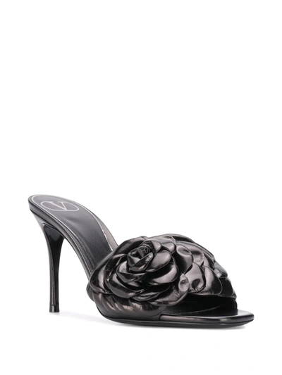 Shop Valentino Floral Appliqué Leather Mules In Black