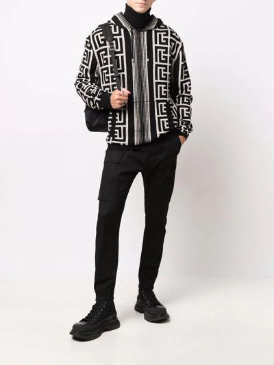 Balmain Hooded Wool Blend Sweater With All-over Monogram In Schwarz