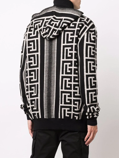 Balmain Hooded Wool Blend Sweater With All-over Monogram In Schwarz