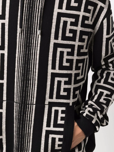 Balmain Hooded Wool Blend Sweater With All-over Monogram In Schwarz