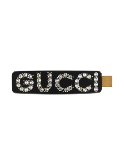 Shop Gucci Rhinestone-embellished Logo Hair Clip In Black