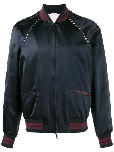 Shop Valentino Rockstud Bomber Jacket In Blue