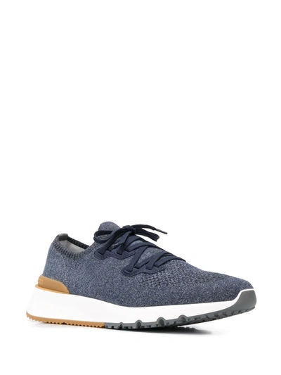 Shop Brunello Cucinelli Mesh Knitted Lace Up Sneakers In Blue