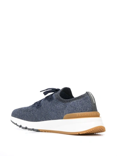 Shop Brunello Cucinelli Mesh Knitted Lace Up Sneakers In Blue