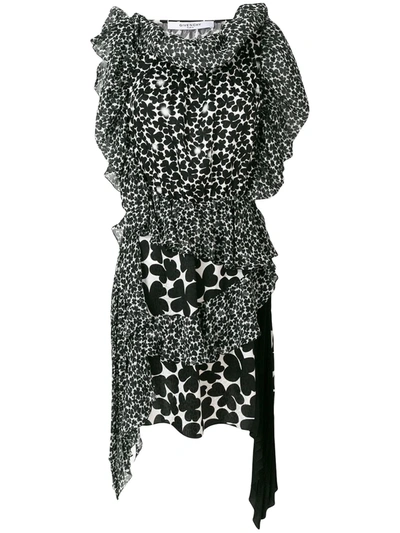 Givenchy Asymmetric Vintage Clover-print Dress In Black
