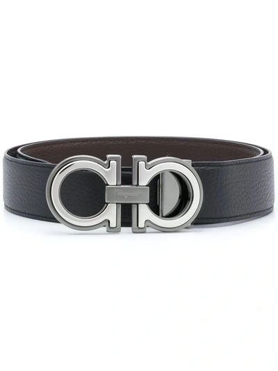 Ferragamo Elegant Reversible Leather Belt With Metallic Buckle In Black
