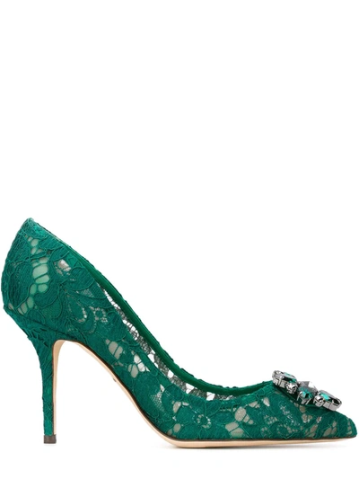 Dolce & Gabbana Lace Stiletto Heel Pumps Crystal Embellishments In Green