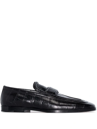 Shop Bottega Veneta Crocodile-effect Leather Loafers In Black