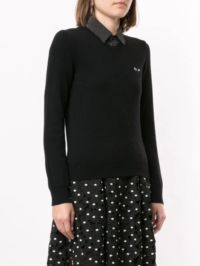 Comme Des Garçons Play Heart Embroidered Long Sleeve V Neck Top In Black