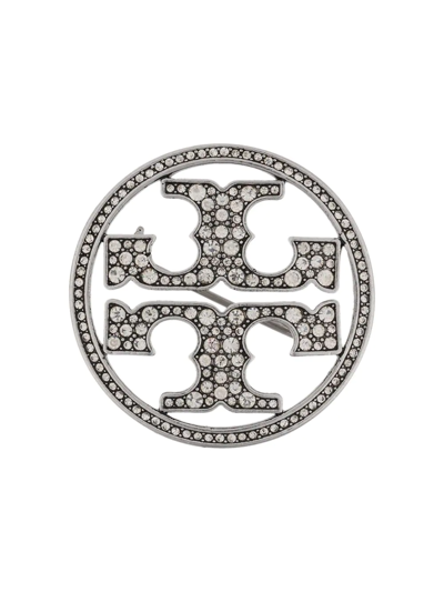 Shop Tory Burch Crystal-embellished Logo Brooche In Silver