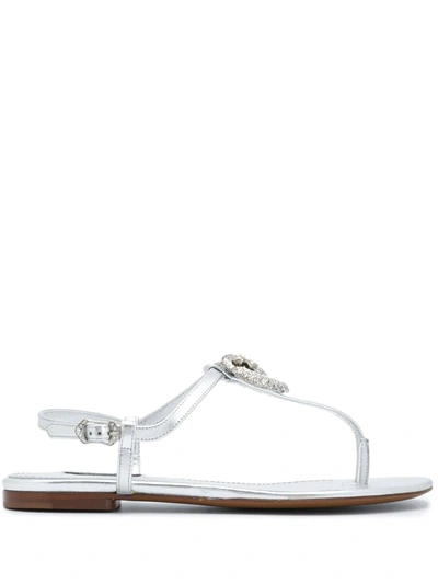 Shop Dolce & Gabbana Devotion Leather Thong Sandals In Silver