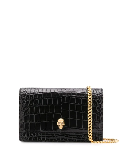 Alexander Mcqueen Skull Small Embossed Croc Leather Crossbody Bag In Black
