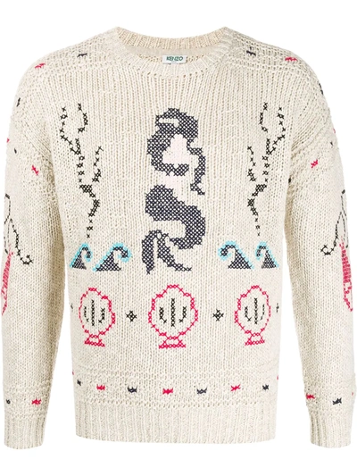 Shop Kenzo Embroidered Knit Jumper In Neutrals