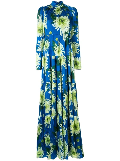 Shop Andrew Gn Floral Long-sleeve Maxi Dress In Blue