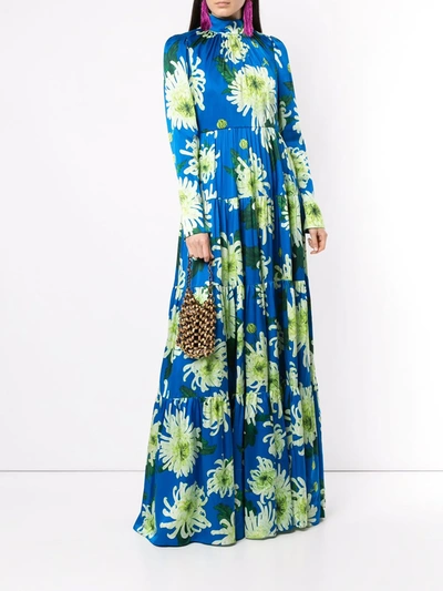 Shop Andrew Gn Floral Long-sleeve Maxi Dress In Blue