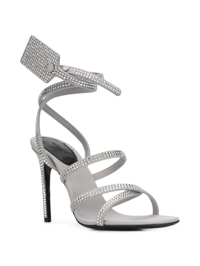 Off-white Crystal Satin Zip Tie Sandals In Metallic Leather In Grey |  ModeSens