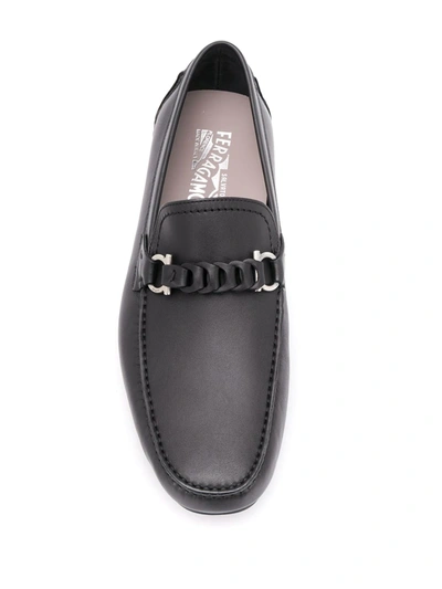 Ferragamo Black Leather Driver Gancini Loafers In Black