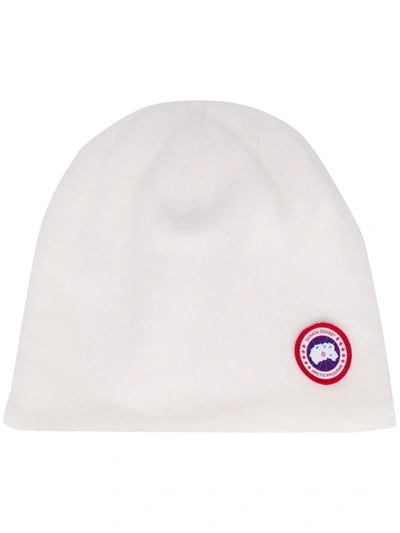 Shop Canada Goose Logo-patch Knitted Beanie In White