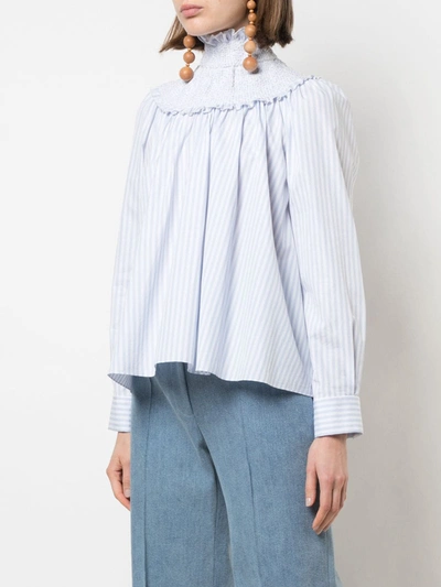 Shop Adam Lippes Smocked Neck Striped Blouse In Blue
