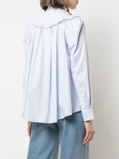 Shop Adam Lippes Smocked Neck Striped Blouse In Blue