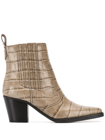 Shop Ganni Embossed Crocodile Effect Ankle Boots In Brown