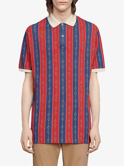 Shop Gucci Oversize Polo With Horsebit Chain Print In Blue