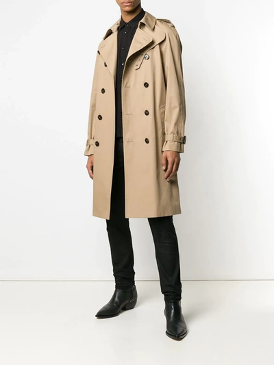 Shop Saint Laurent Double-breasted Belted Trench Coat In Neutrals