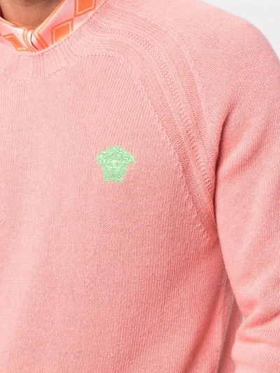 Shop Versace Embroidered-logo Crew Neck Jumper In Rosa