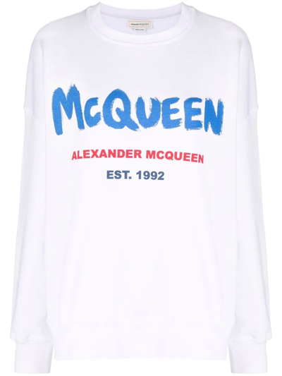 Shop Alexander Mcqueen Mcqueen Graffiti Logo Sweatshirt In White