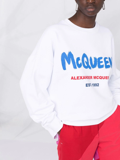 Shop Alexander Mcqueen Mcqueen Graffiti Logo Sweatshirt In White