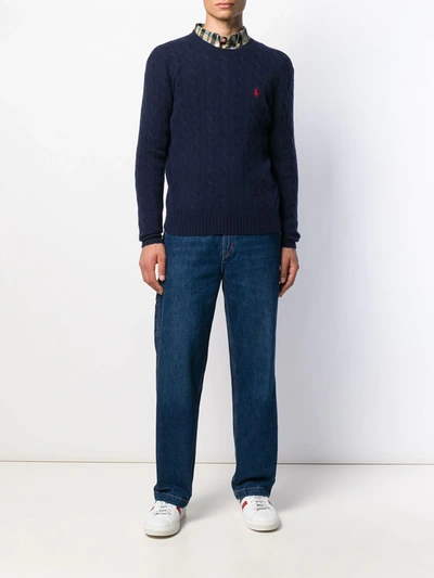 Shop Polo Ralph Lauren Cable Knit Logo Jumper In Blue