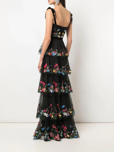Shop Marchesa Notte Flower-embroidered Evening Dress In Black