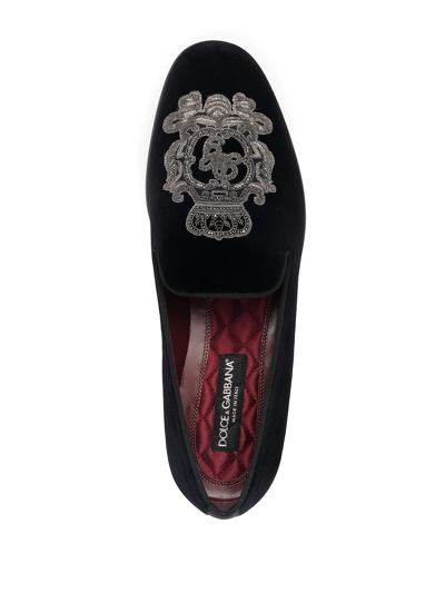 Dolce & Gabbana Leonardo Velvet Slippers Dg Coat Of Arms In Black