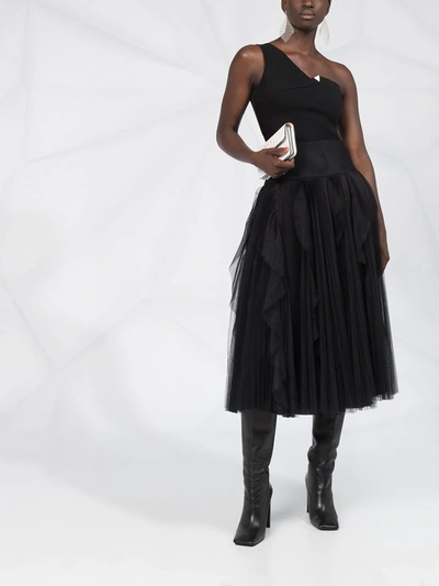 Shop Ermanno Scervino Pleated Ruffle Tulle Midi Skirt In Black