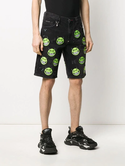 Shop Philipp Plein Evil Smile Patch Denim Shorts In Black