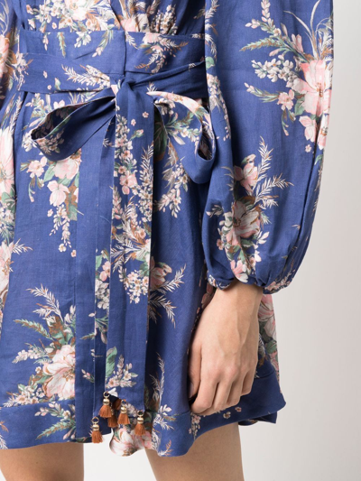 Shop Zimmermann Floral-print Linen Wrap Dress In Blau