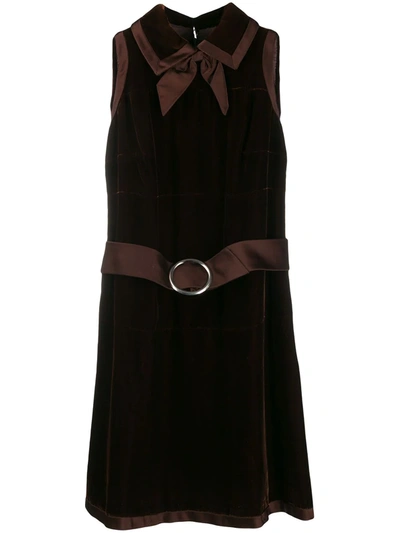 Pre-owned A.n.g.e.l.o. Vintage Cult 1960's Velvet Effect Belted Dress In Brown