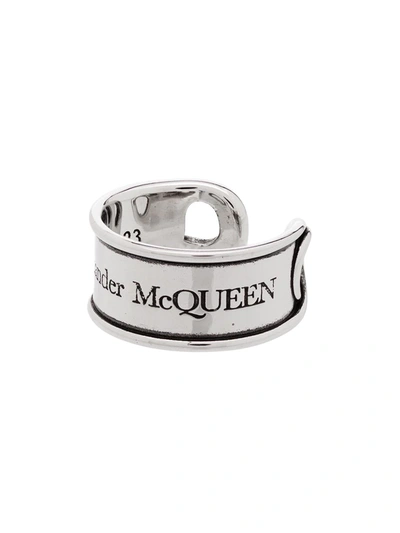 Shop Alexander Mcqueen Engraved Safety-pin Ring In Silver