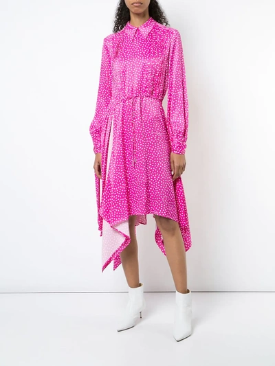 Off-white Dot-print Drawstring Satin Dress With Hanky Hem In Pink