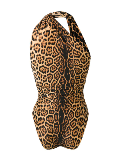 Shop Saint Laurent Leopard-print Asymmetric Swimsuit In Black